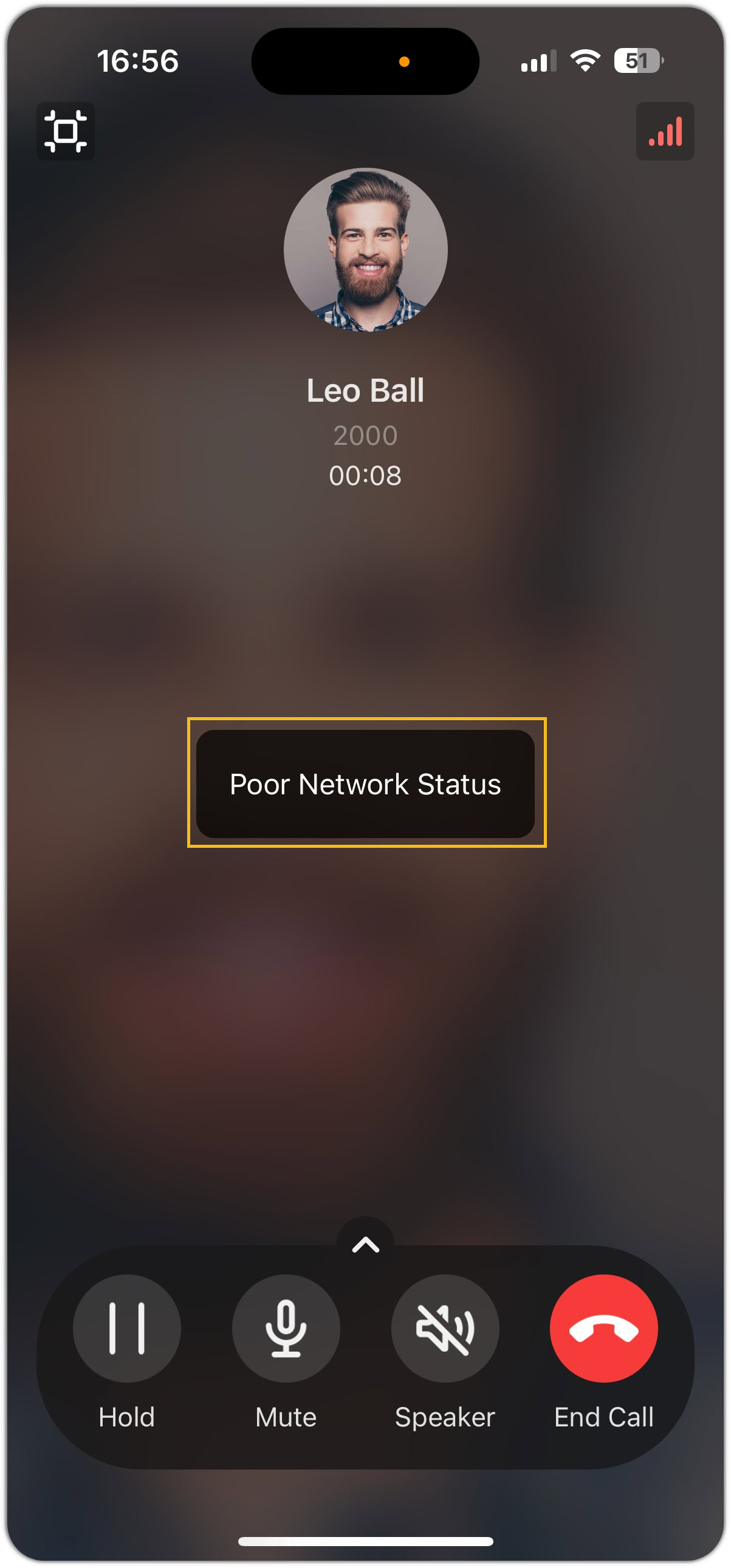 Call screen showing a poor-network warning message during an active call