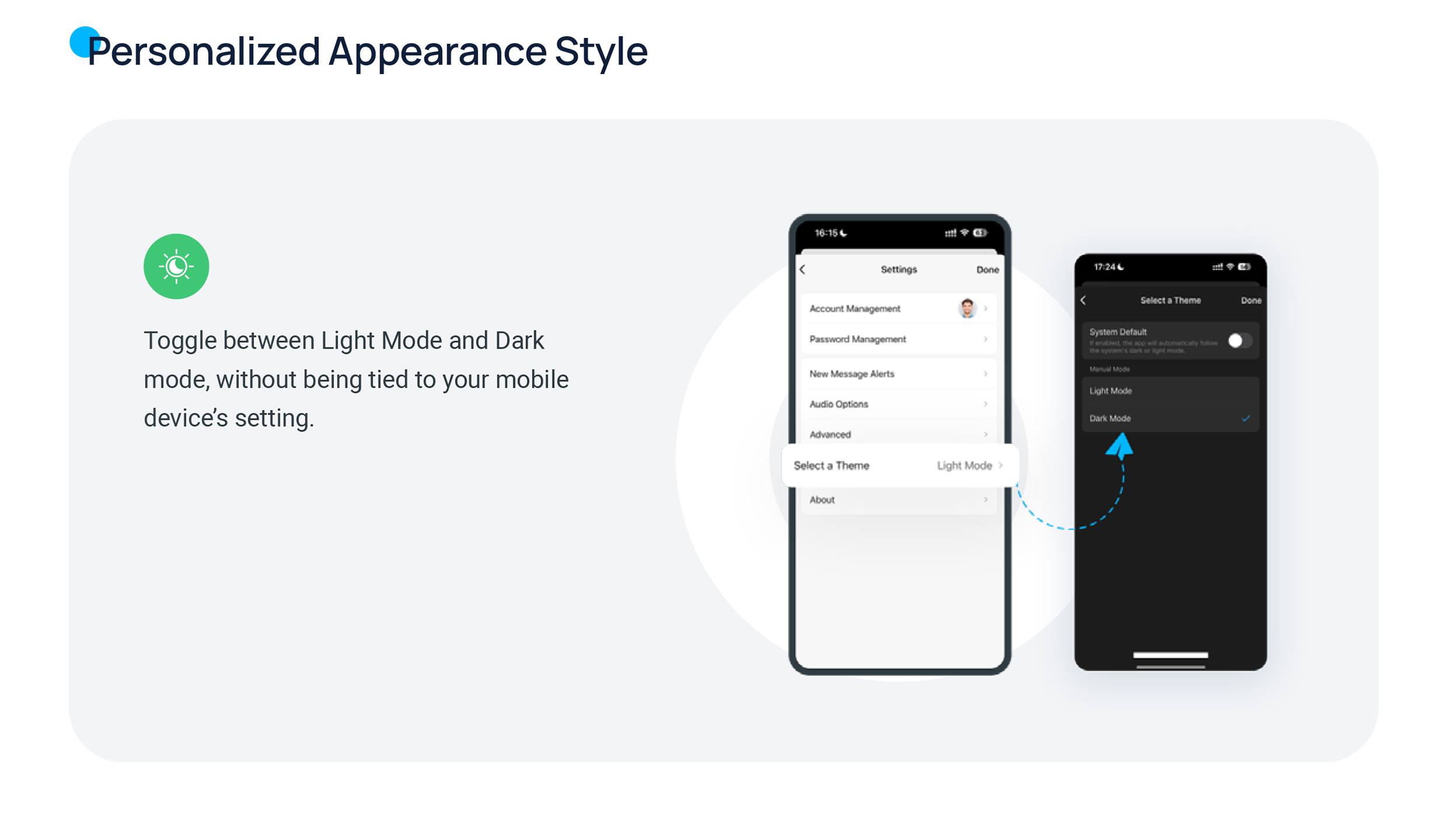 Switching the Cloud Voice App between Light Mode and Dark Mode in the theme settings