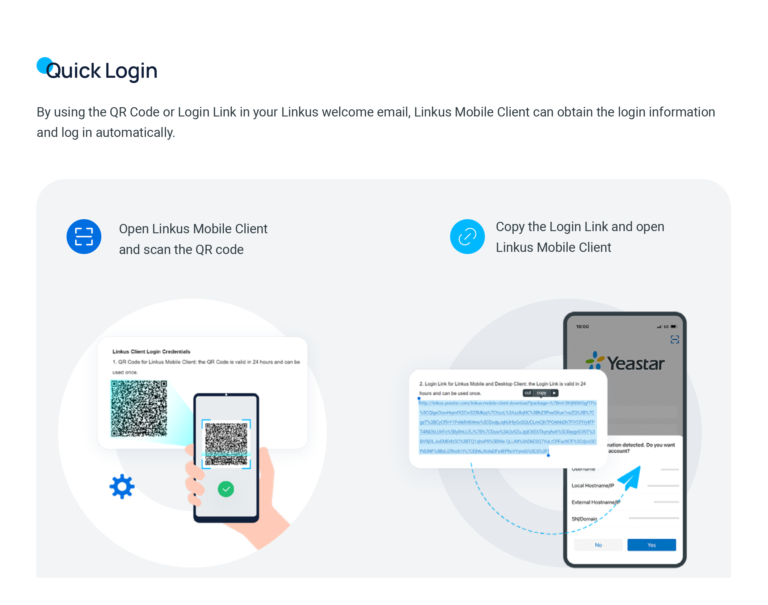 Cloud Voice, signing in by scanning the welcome-email QR code or opening its login link