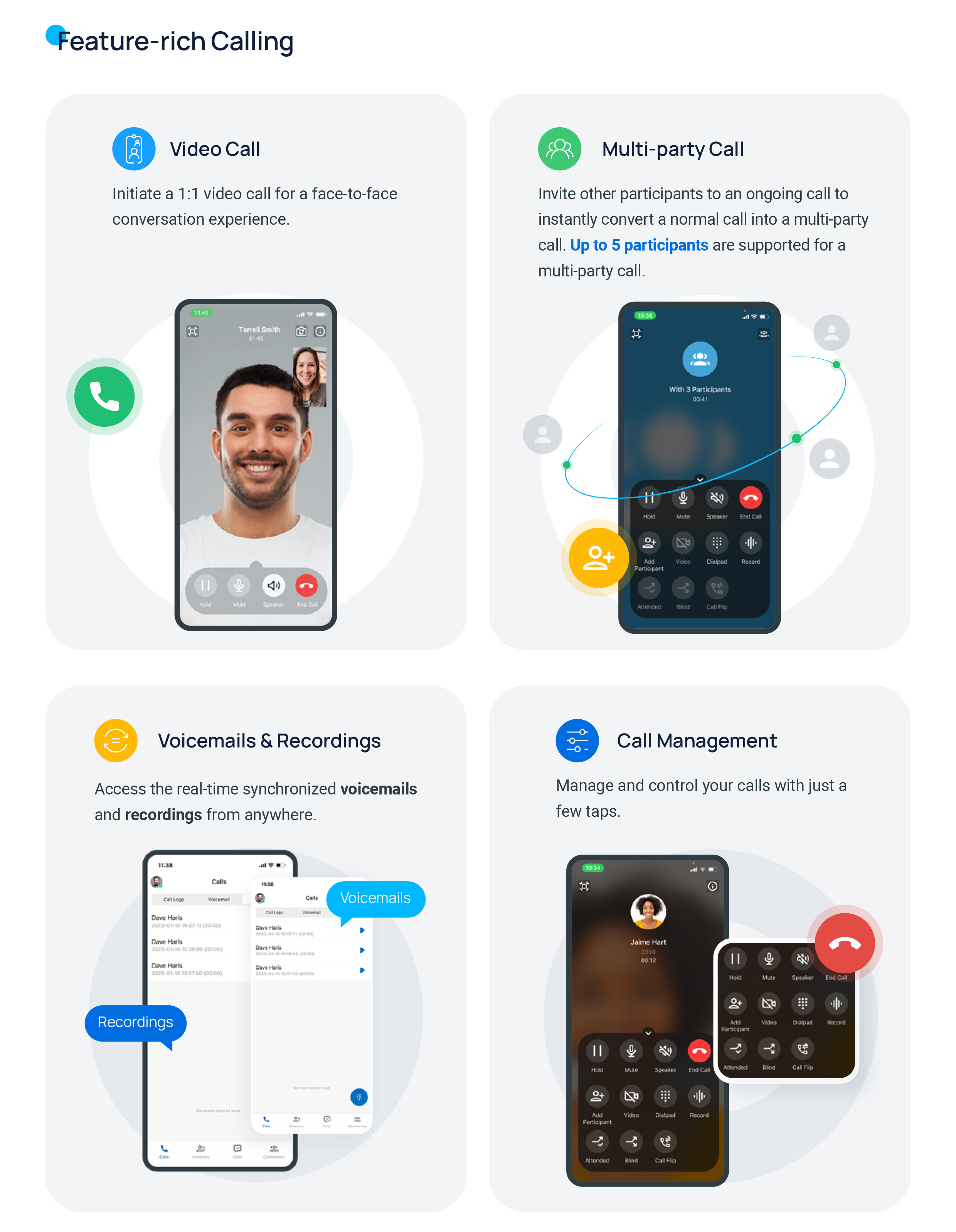The Cloud Voice App on a video call, a multi-party call, and the voicemail and recording lists