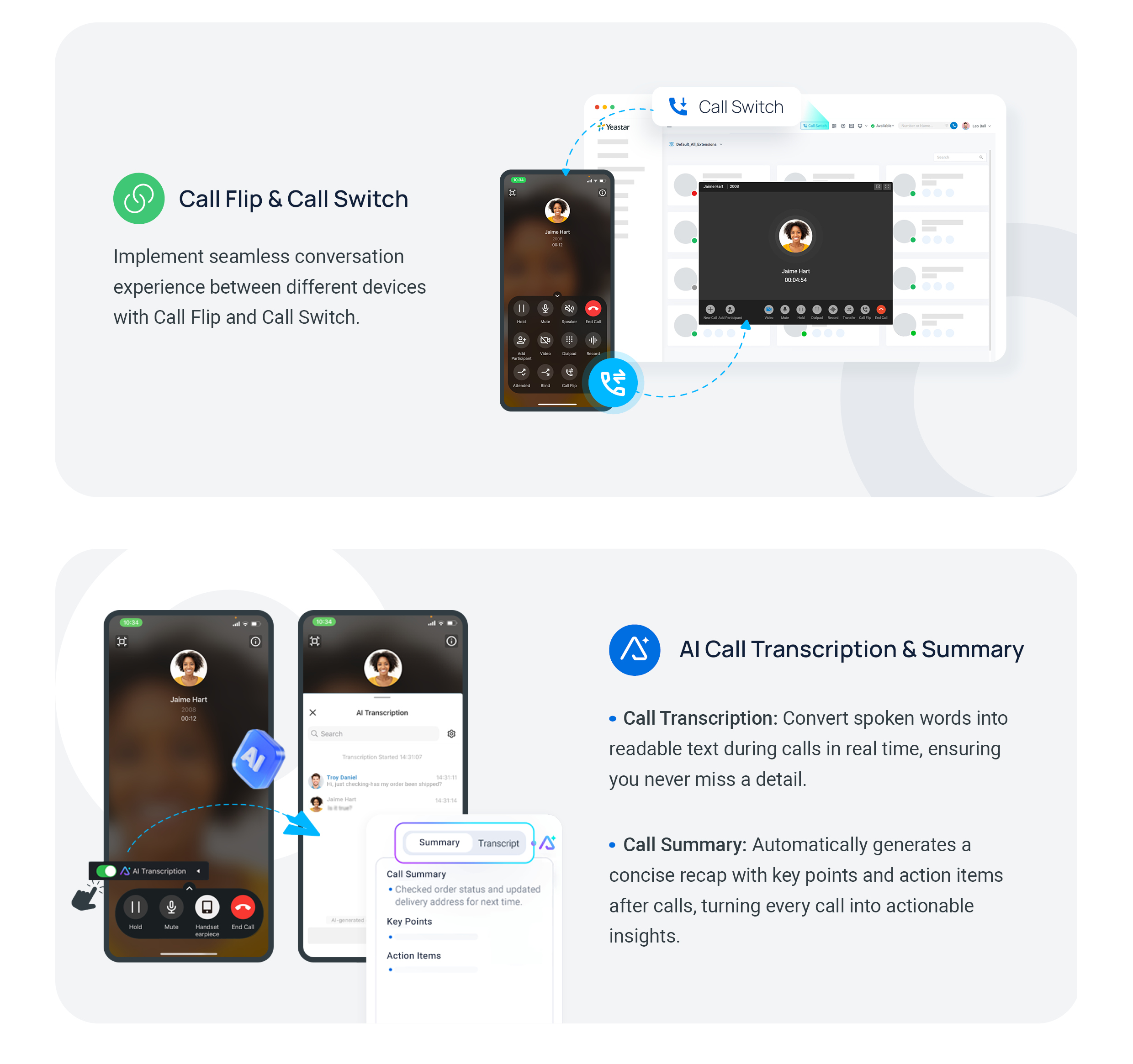 Cloud Voice, moving a live call to another device and reviewing an AI transcription and summary