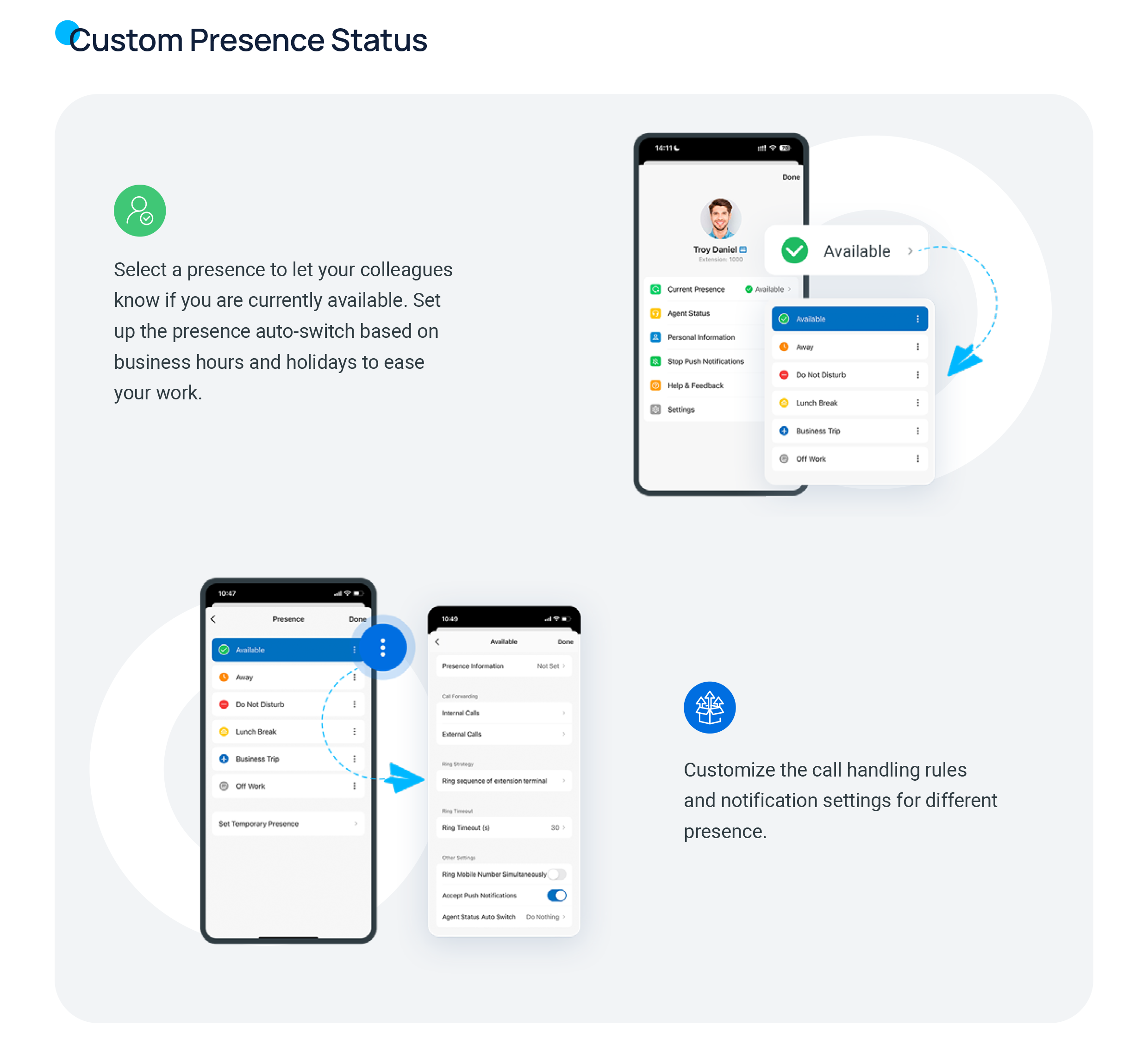 Choosing a presence status and setting per-status call-handling rules in the Cloud Voice App