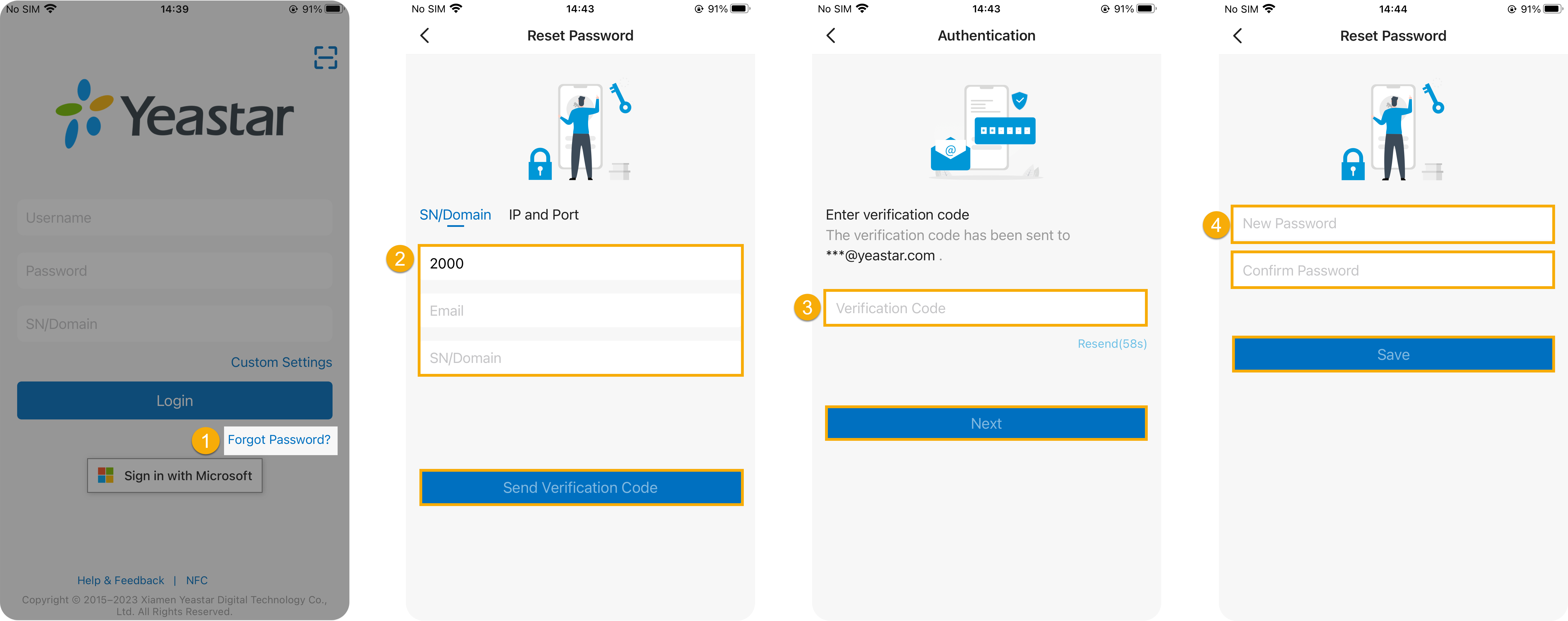 Cloud Voice, the mobile login screen with the password reset link highlighted