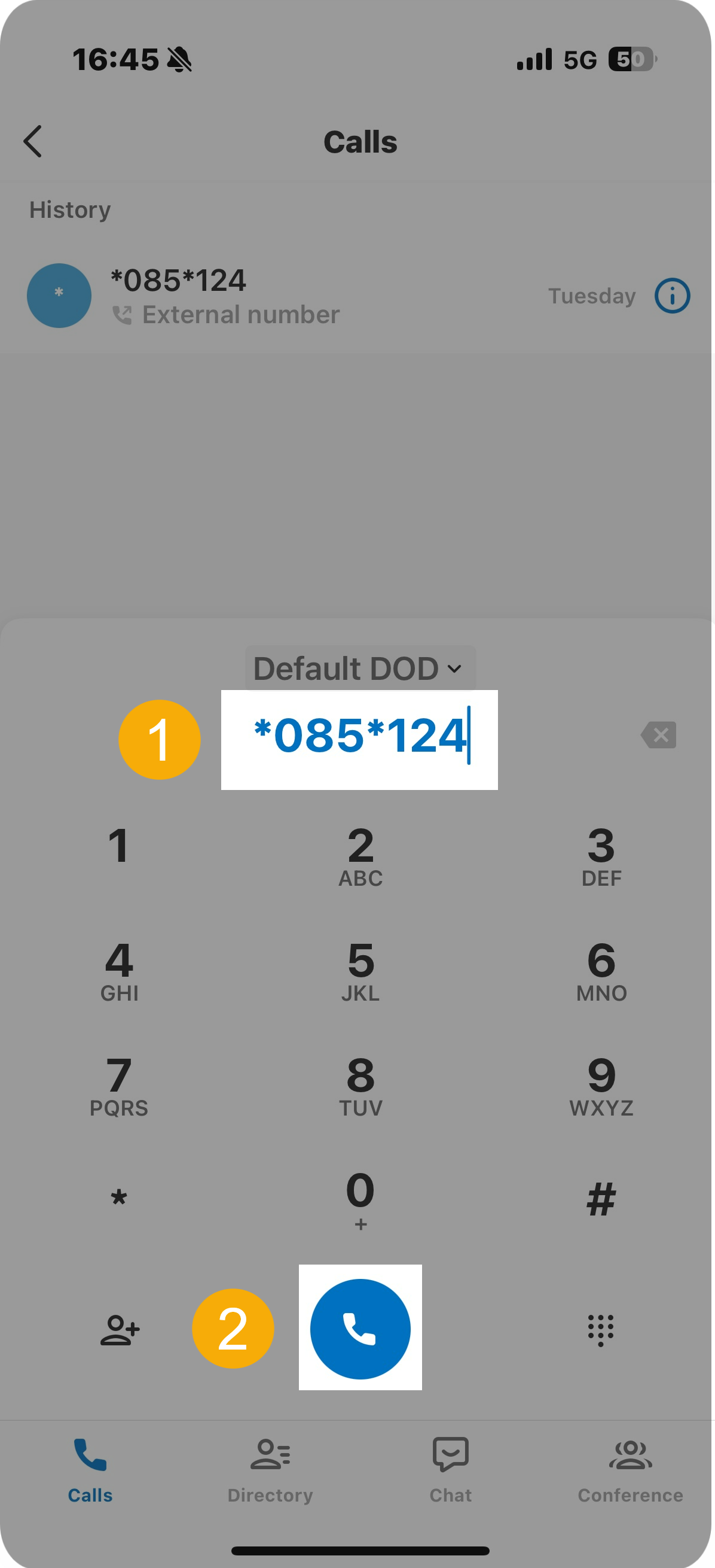 Dialpad showing a DOD feature code entered before placing a call