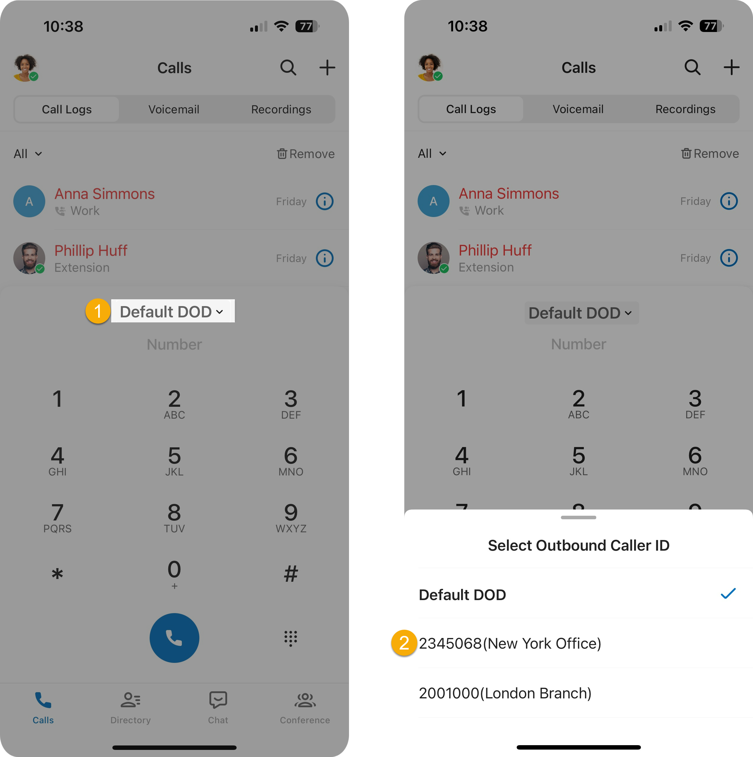 DOD selector open above the dialpad with a list of available caller ID numbers