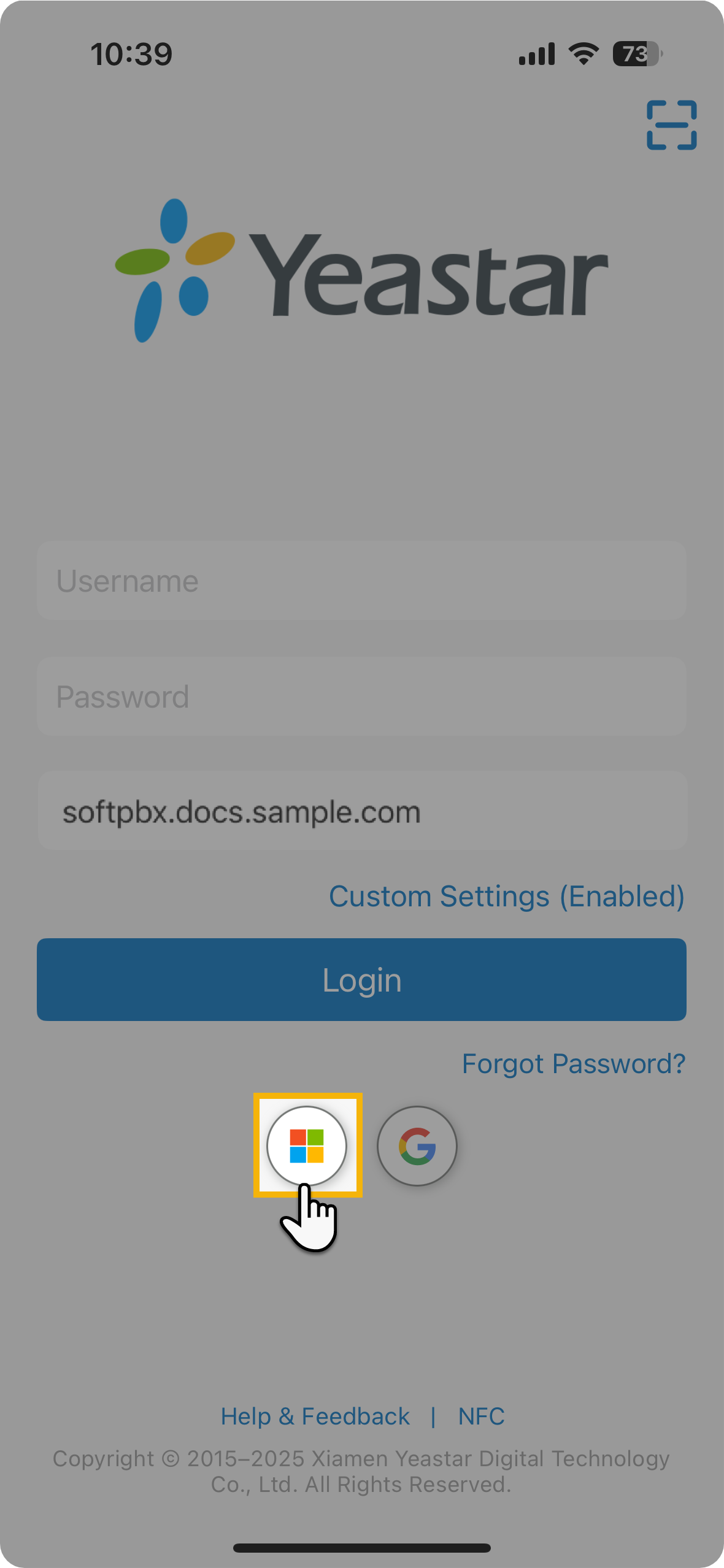 Cloud Voice, mobile login screen showing the Microsoft sign-in option