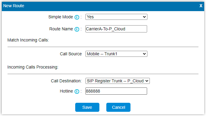 Mobile to IP route settings for carrier A on the gateway