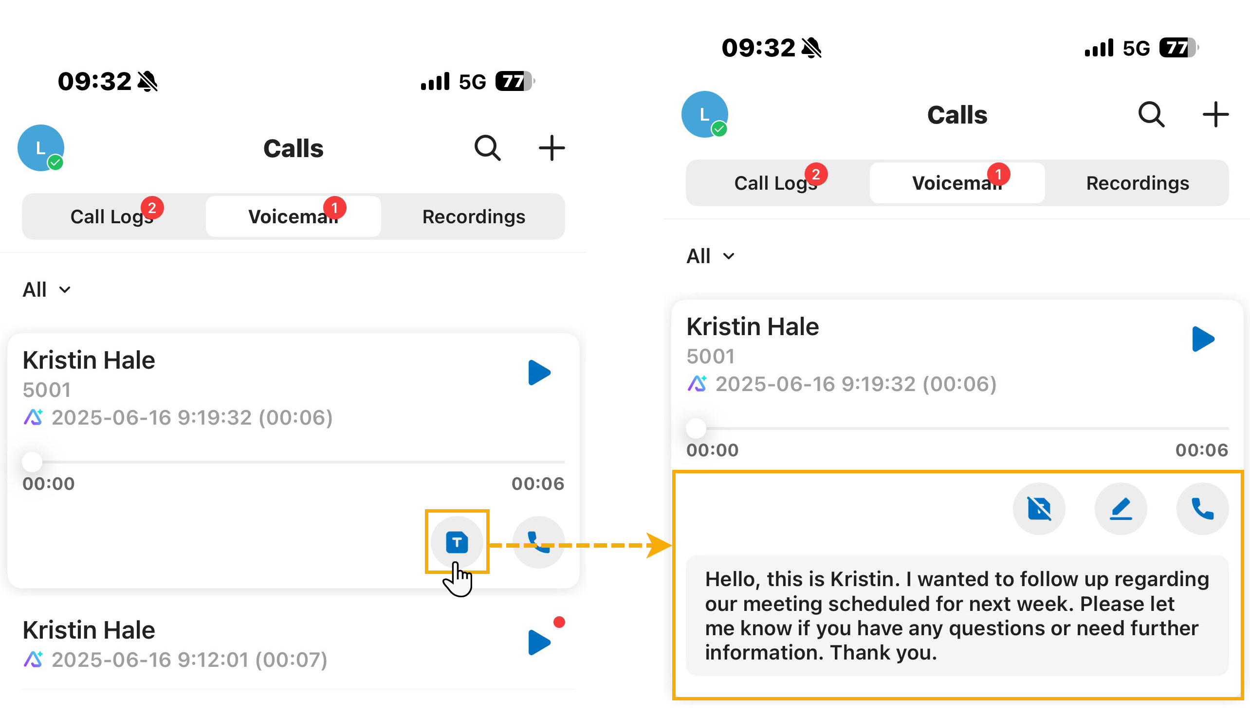 A voicemail list showing a message that has been transcribed to text