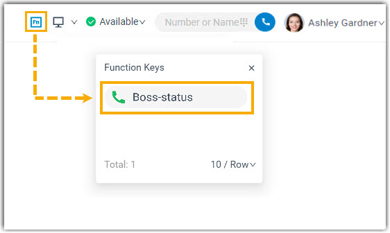 The boss-secretary function key showing the boss's call status in the Cloud Voice App