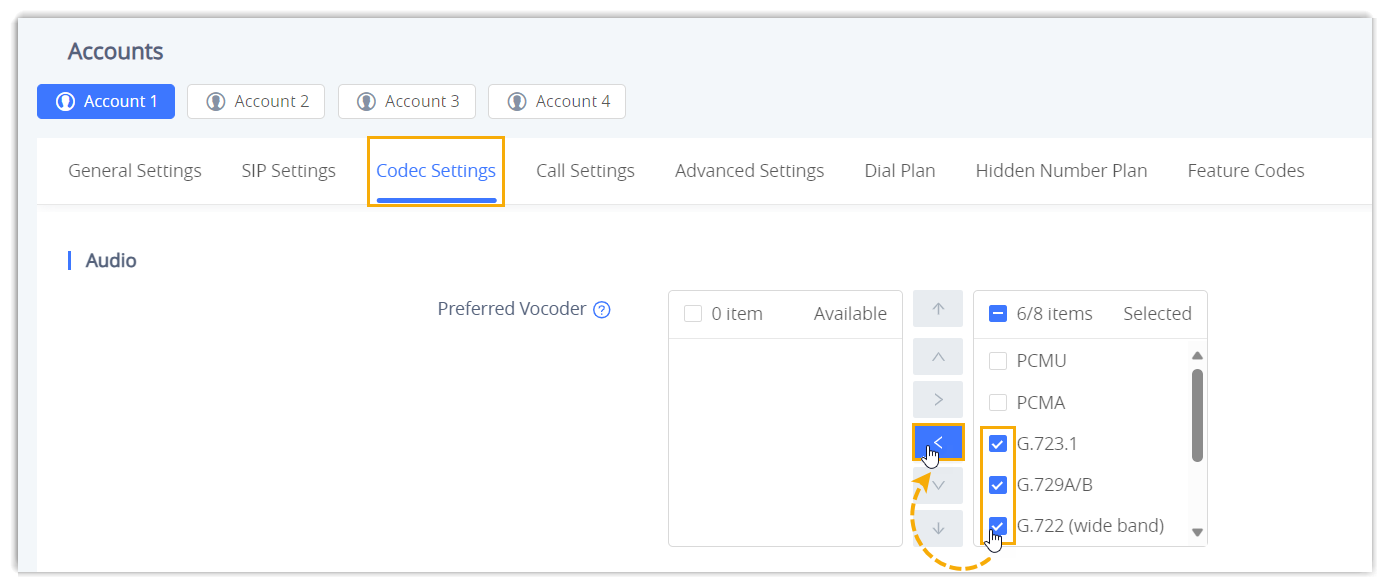 Grandstream codec settings with unused codecs removed from the account