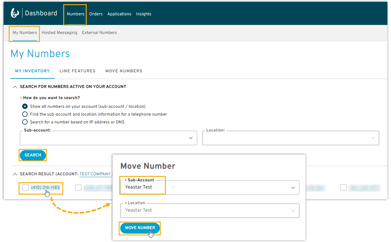 Cloud Voice, searching for a number and moving it into the Bandwidth sub-account