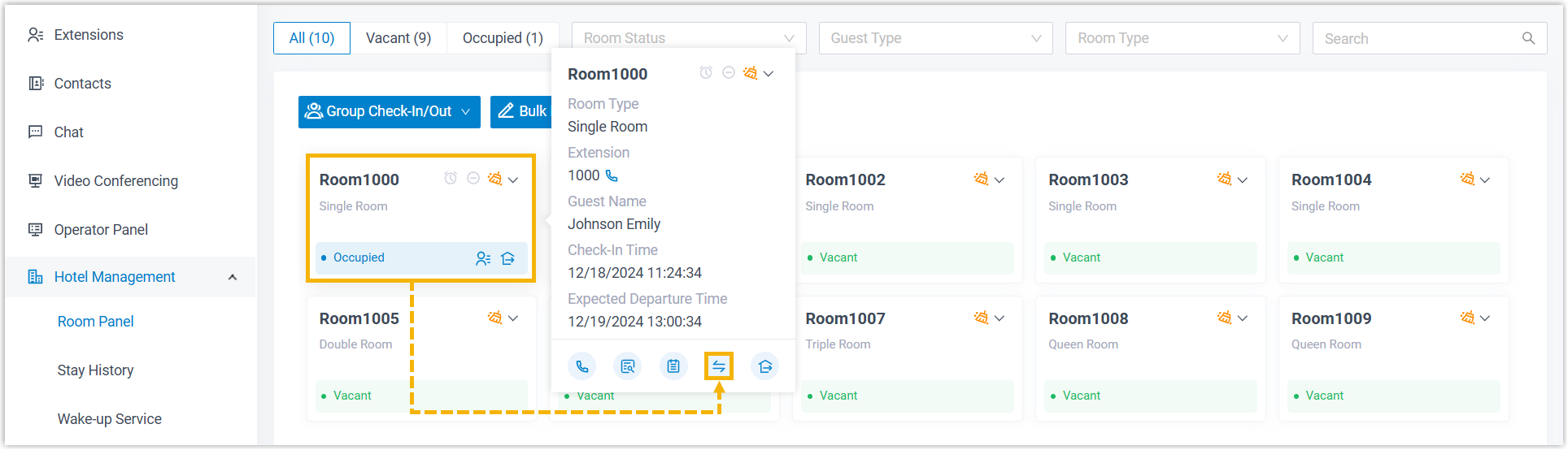 Room Panel with a checked-in room selected and the move-room action highlighted