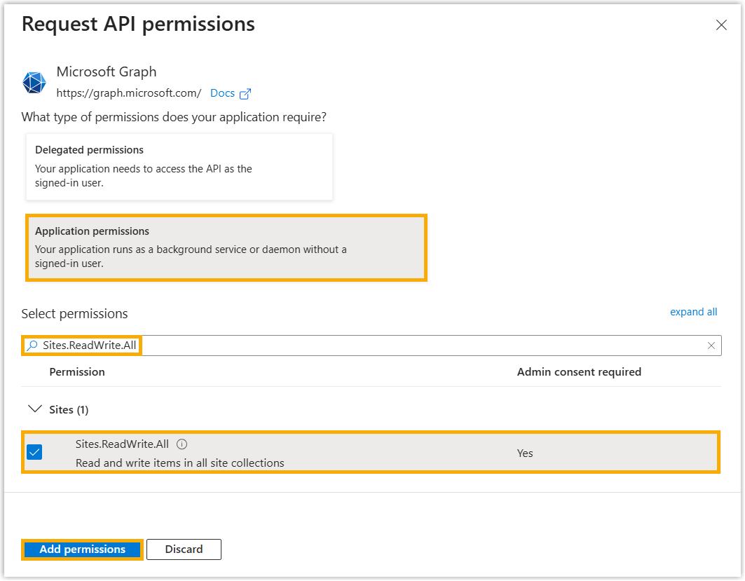 Selecting the Sites.ReadWrite.All application permission