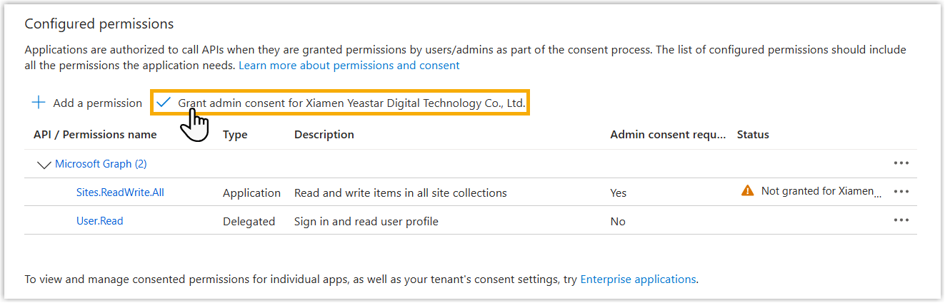 Cloud Voice, Grant admin consent button on the API permissions page