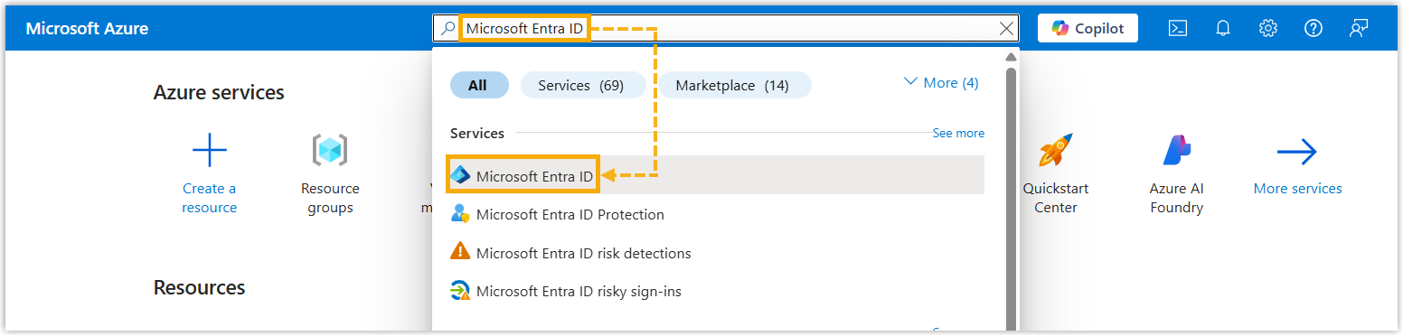 Searching for the Microsoft Entra ID service in the Azure portal search bar