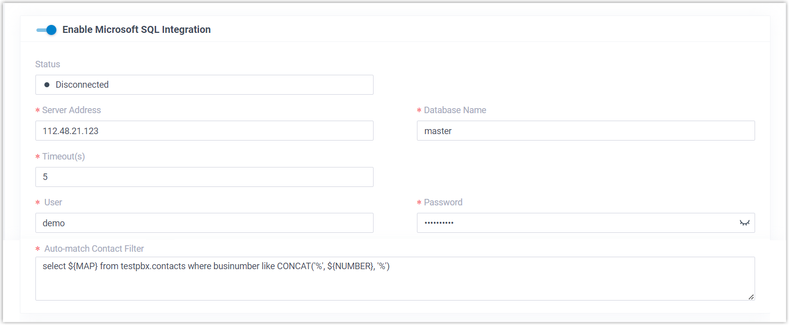 Microsoft SQL integration panel with the server and credential fields
