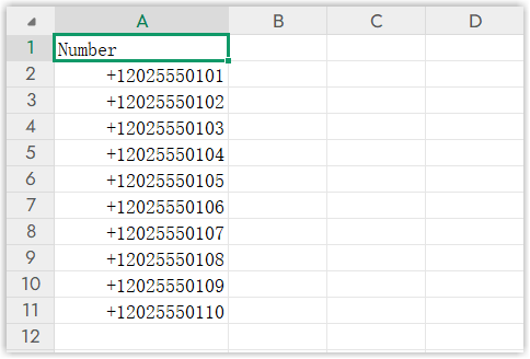 Example CSV showing phone numbers in a Number column in E.164 format