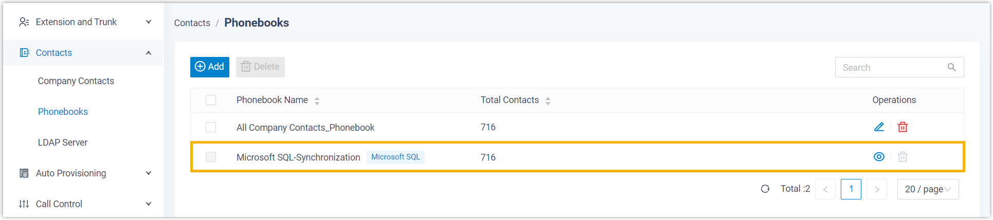 Imported contacts listed under Company Contacts with their assigned phonebooks