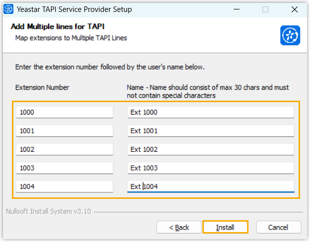 Table for entering the extensions permitted to use the TAPI integration