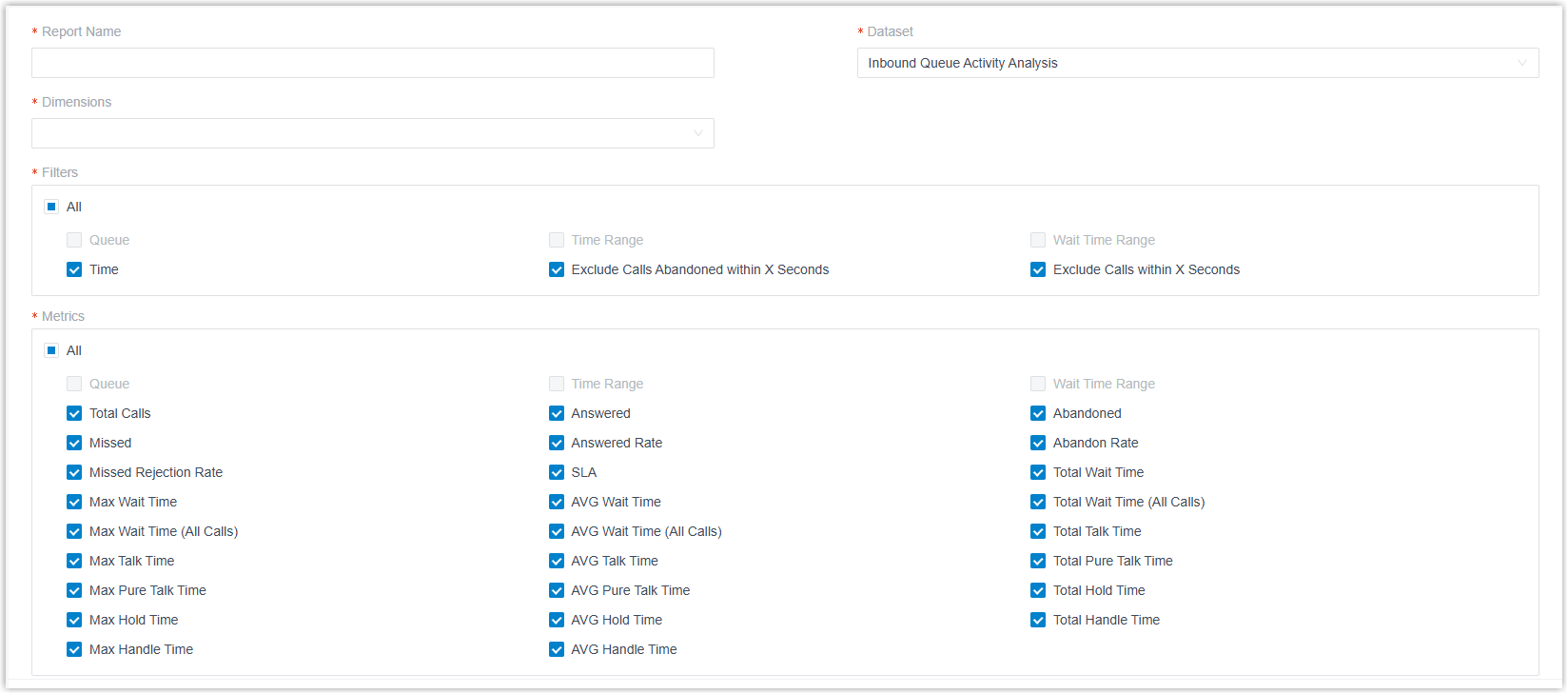 Form fields for naming a report and choosing its dataset, dimensions, filters, and metrics