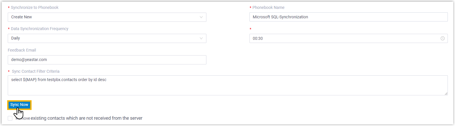 The Sync Now control that triggers an immediate contact import