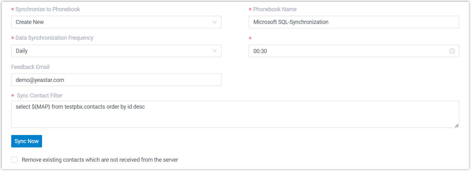 Cloud Voice, contact synchronization options for a Microsoft SQL source