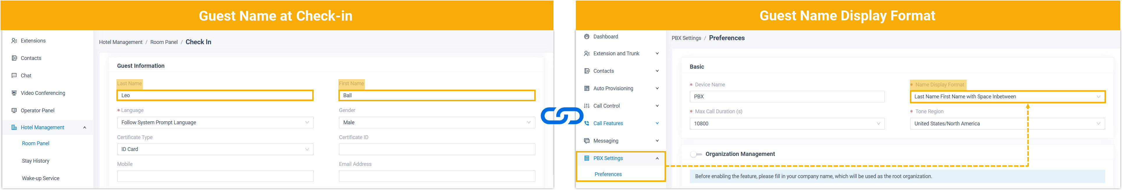The Name Display Format setting that controls the default caller ID name