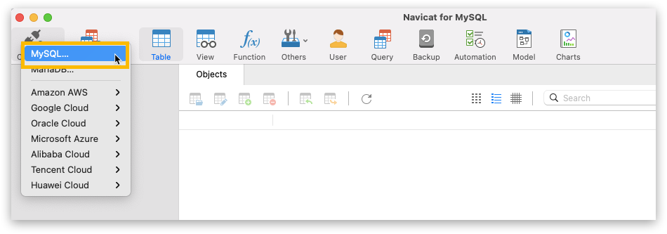 Starting a new MySQL connection in Navicat