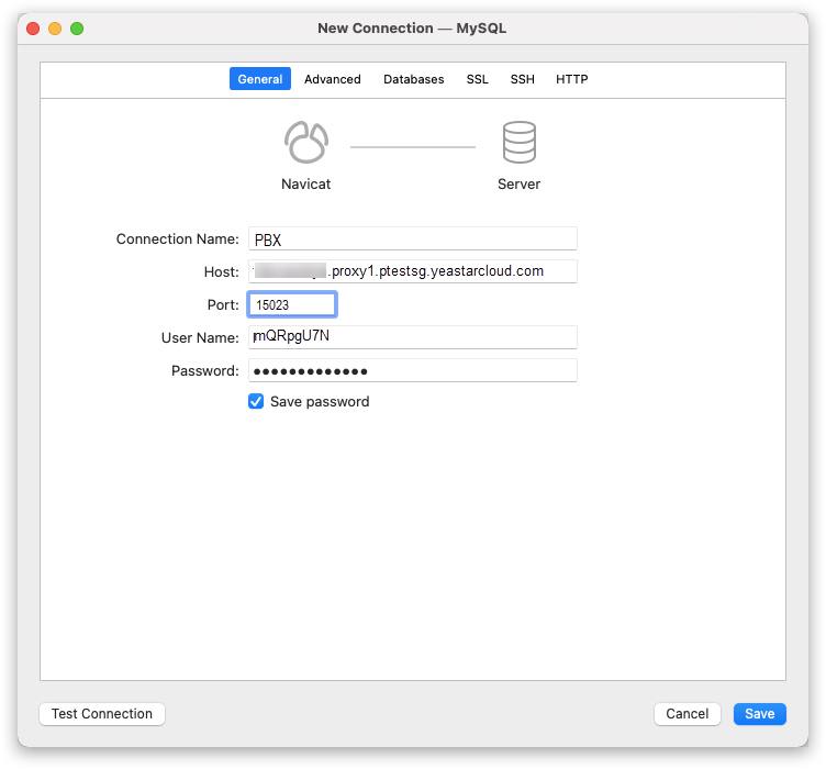 Cloud Voice, Navicat connection settings with host, port, and credentials