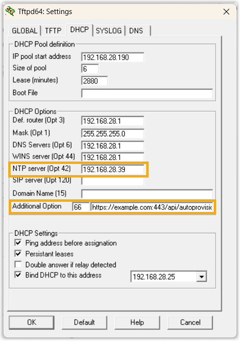 DHCP options dialog with the NTP server and option 66 set