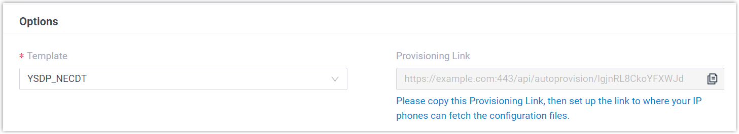 Template and provisioning link options for an NEC phone