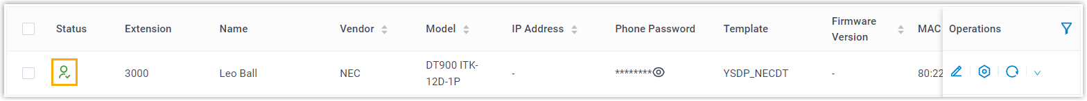 Auto provisioning list showing the NEC phone with a registered extension