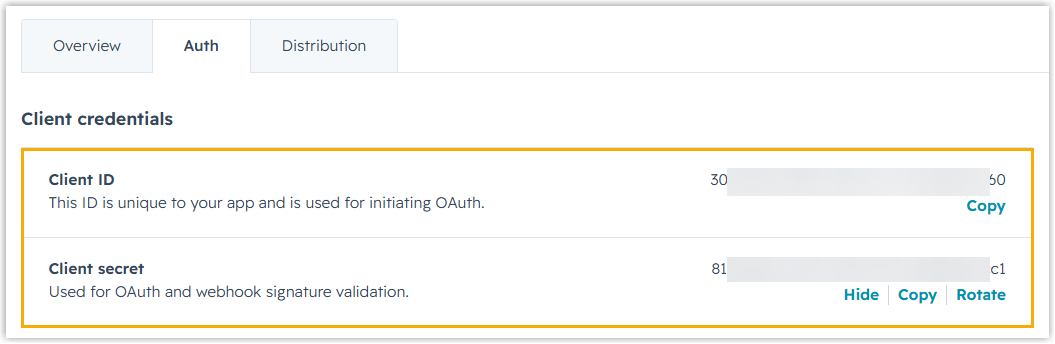 The Auth tab showing the app's Client ID and Client secret
