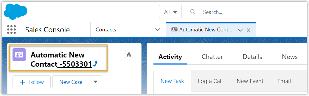 A record added to Salesforce CRM with the automatic naming prefix