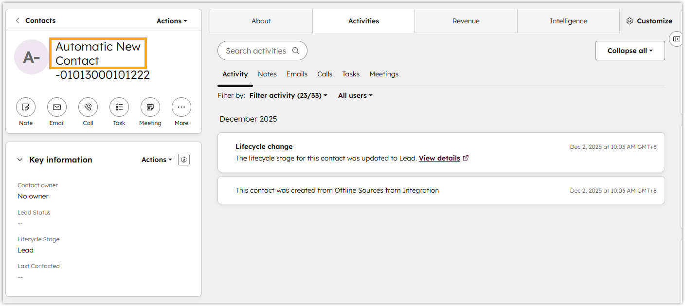 A new lead created in Salesforce from an unknown caller's number