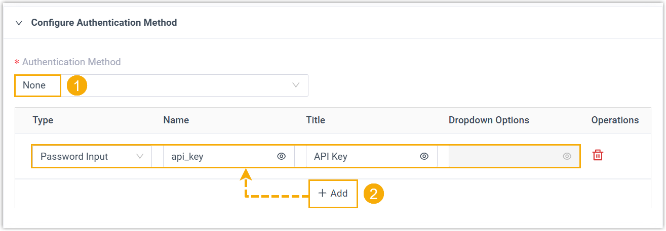 The None authentication option with optional custom fields