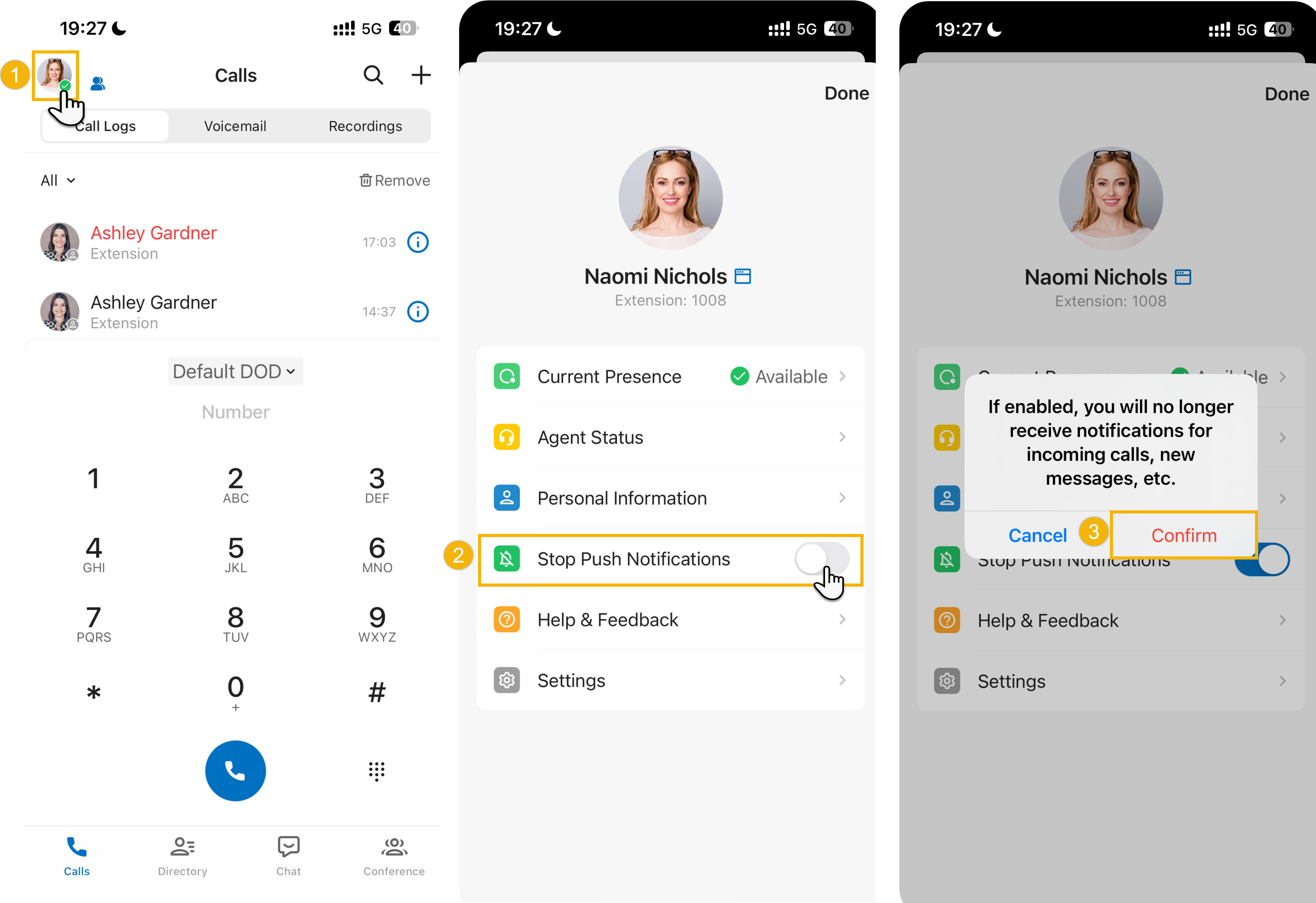 Cloud Voice App account panel with notifications turned off