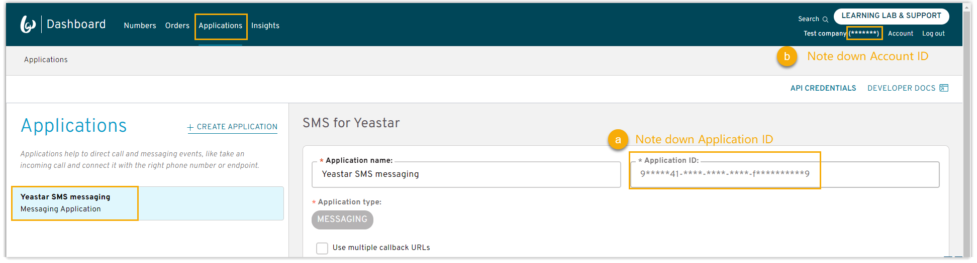 Cloud Voice, the Bandwidth page showing the Application ID and Account ID