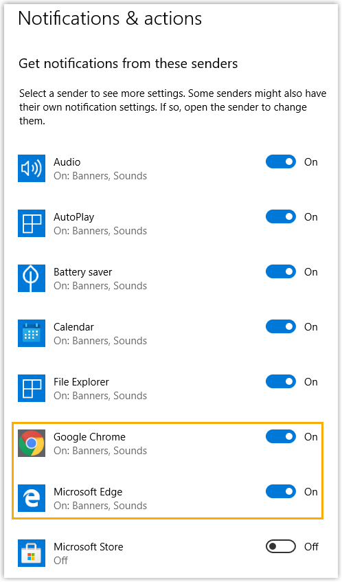 Windows notification settings with per-app toggles for allowed senders