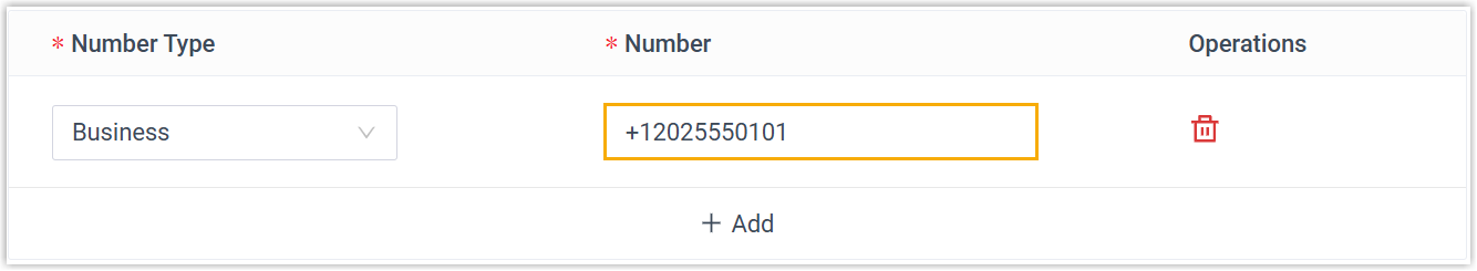 Phonebook entry with a phone number stored in E.164 format