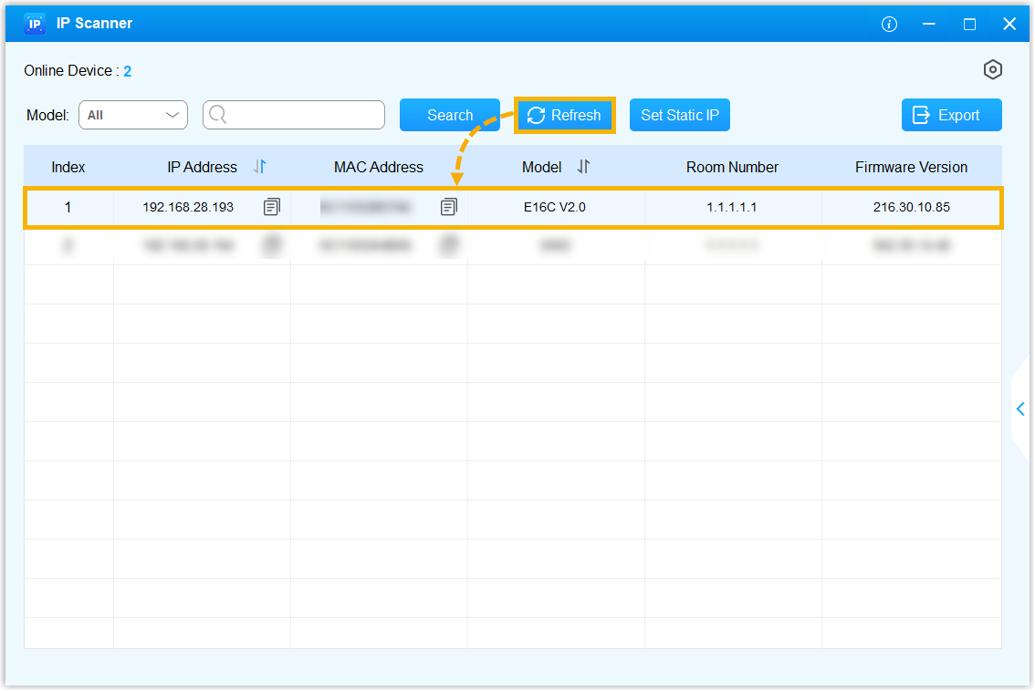 Akuvox IP Scanner listing a detected intercom device and its IP address