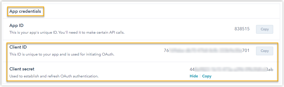 App credentials section showing the Client ID and Client secret values