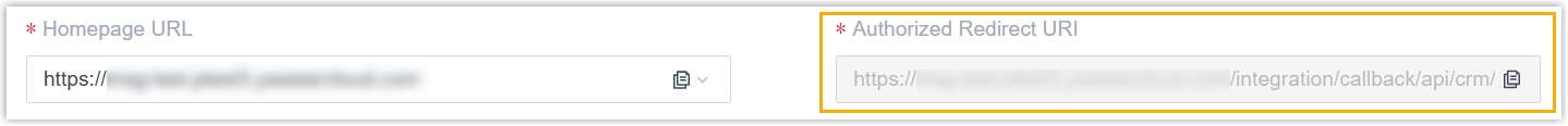The Authorized Redirect URI shown for the selected homepage URL