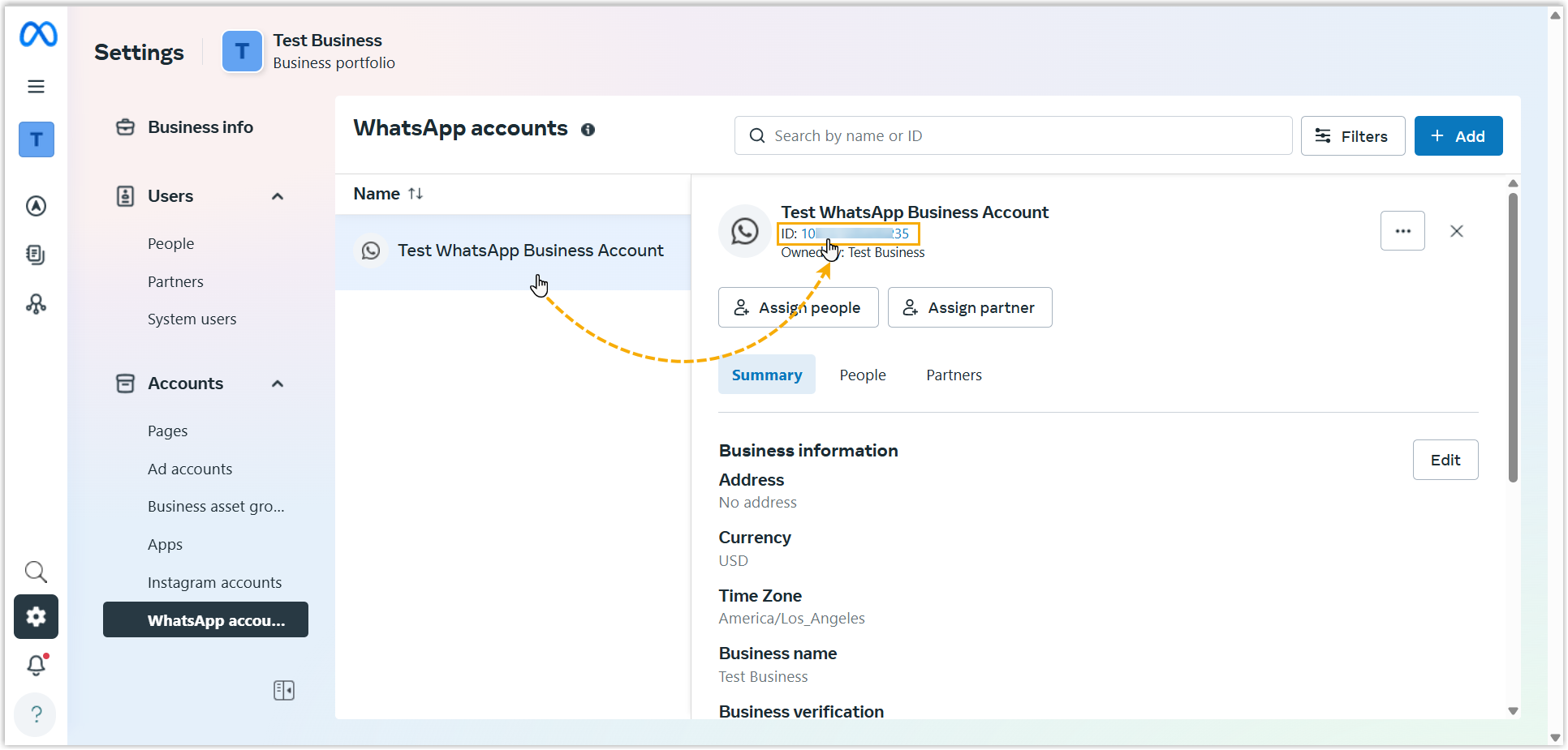 WhatsApp Business Account details with the account ID