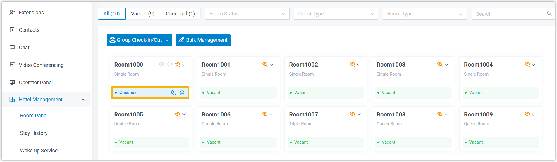 Room Panel showing the room marked as occupied after check-in