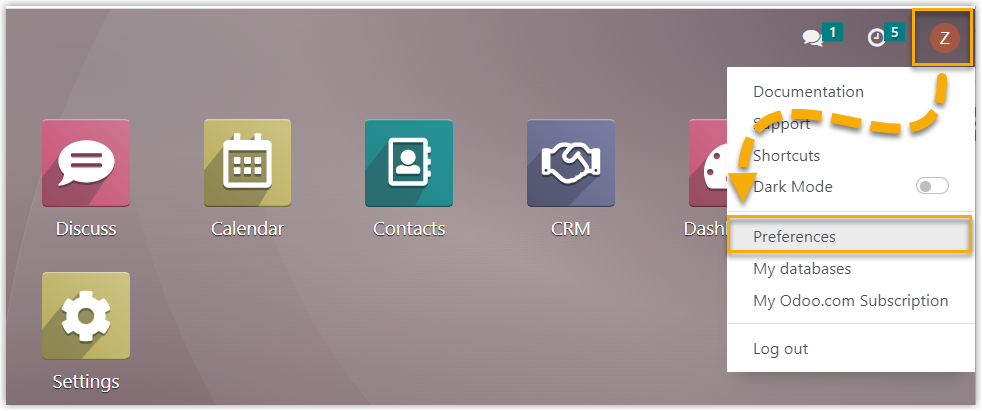 The account menu expanded to show the Preferences option in Odoo