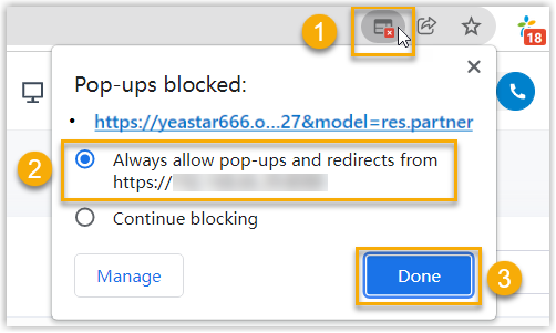Cloud Voice, browser prompt allowing pop-ups and site redirection