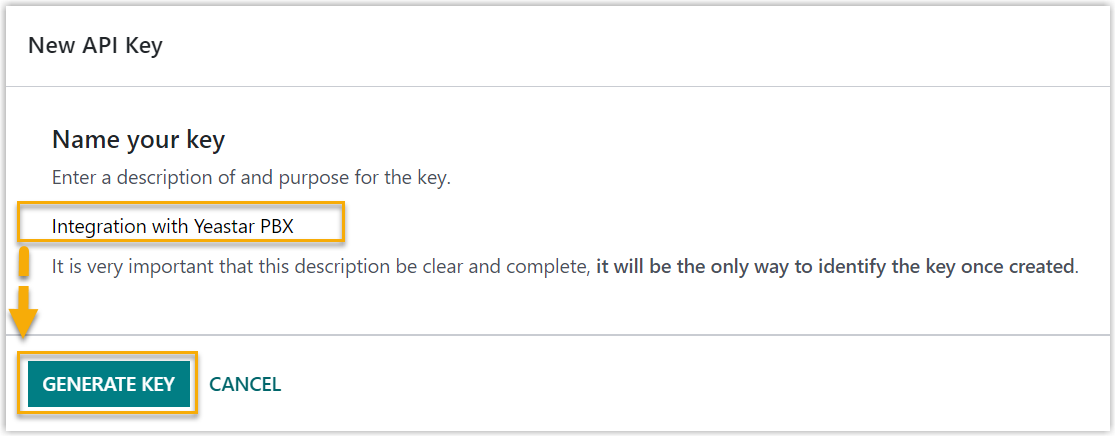 Cloud Voice, entering a description for a new Odoo API key