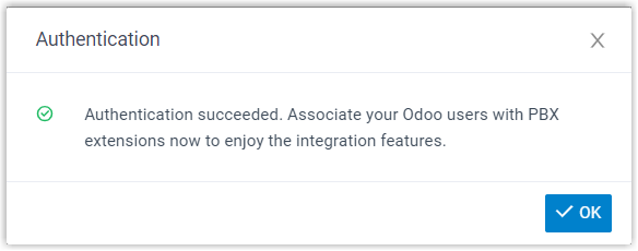 A dialog confirming the Odoo authentication result