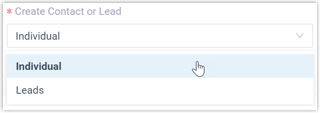 Create Contact or Lead drop-down showing the Individual and Leads options